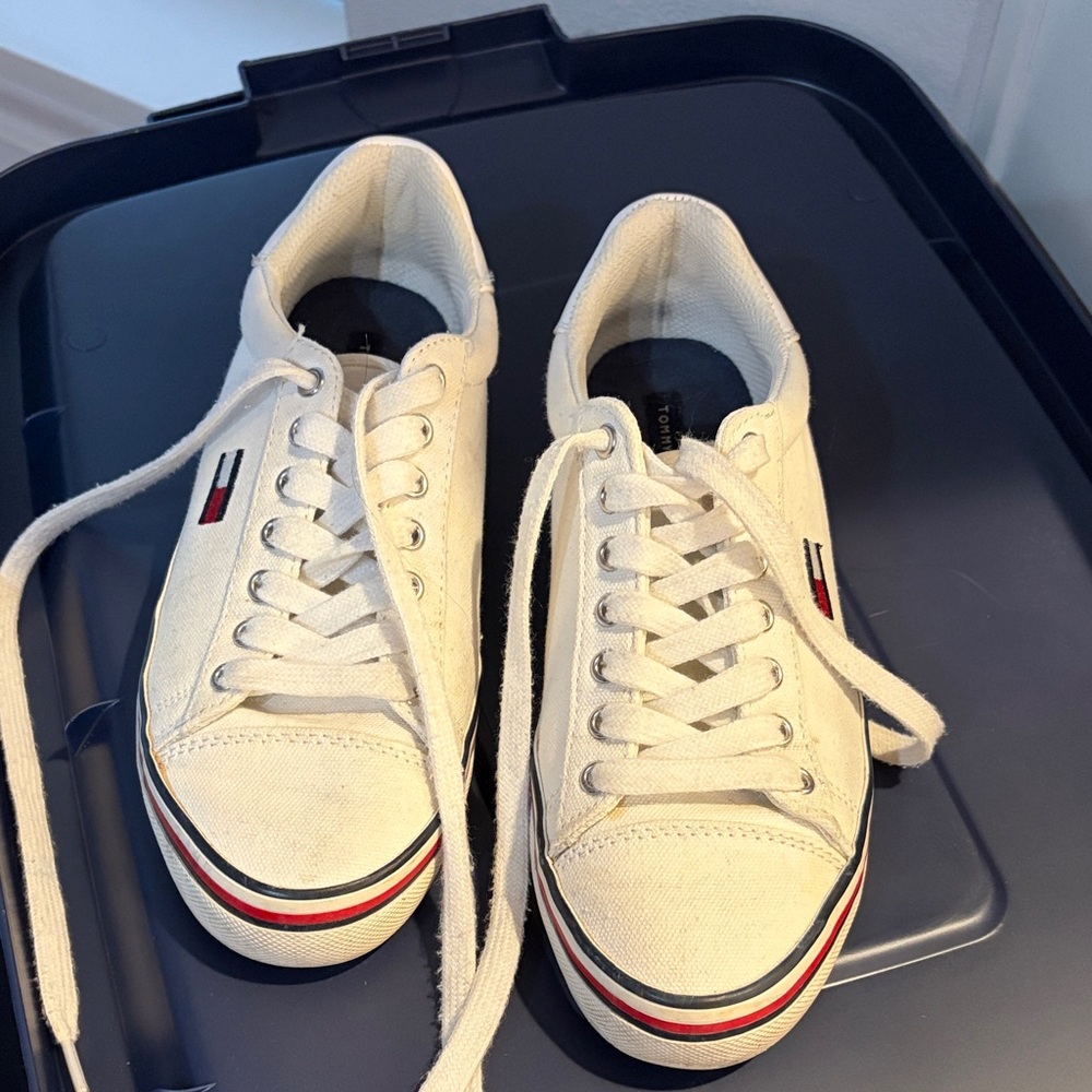 Tommy Hilfiger White Sneakers with Red and Blue Stripes